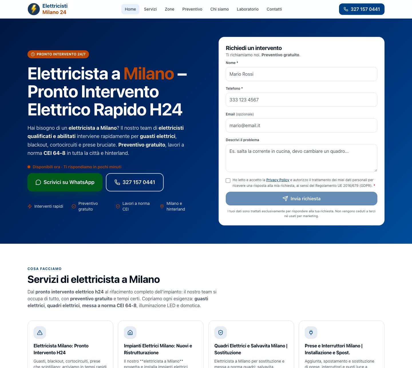 Schermata della homepage di elettricistimilano24.it