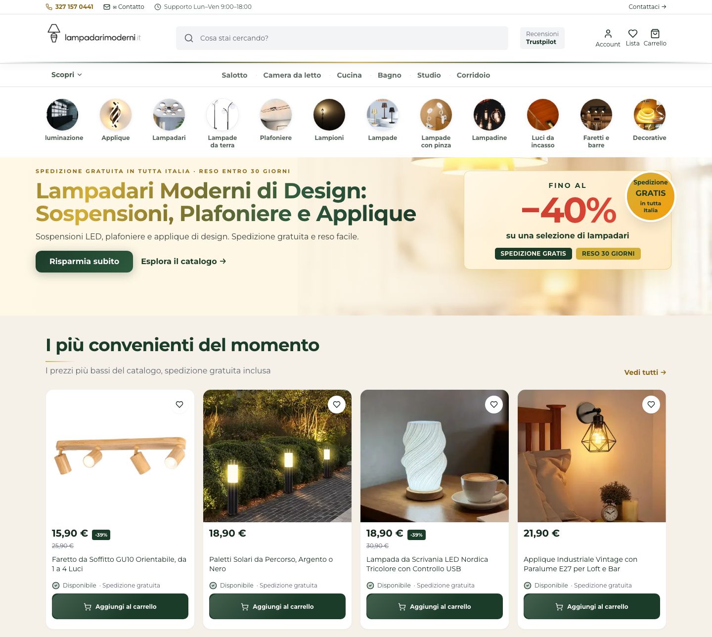 Schermata della homepage di lampadarimoderni.it