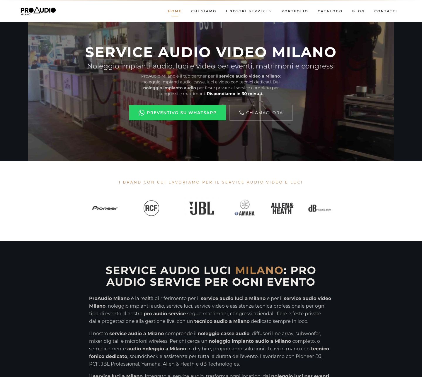 Schermata della homepage di www.proaudiomilano.it